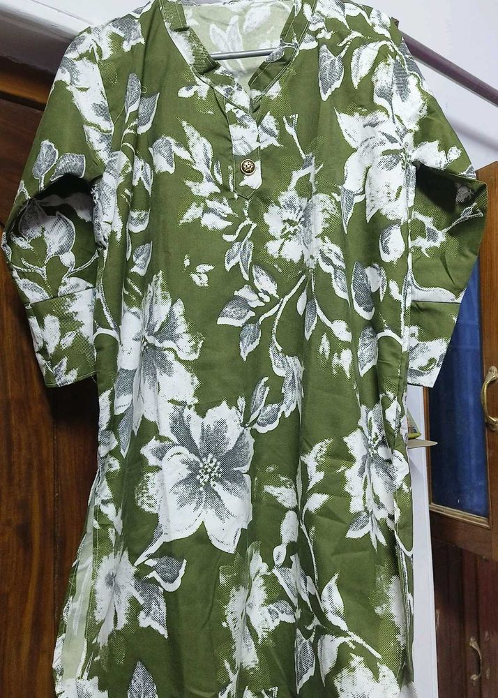 Olive Green Floral Print Kurta