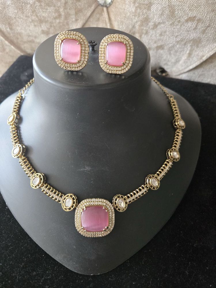 Elegant Pink Stone Necklace &amp; Earring Set