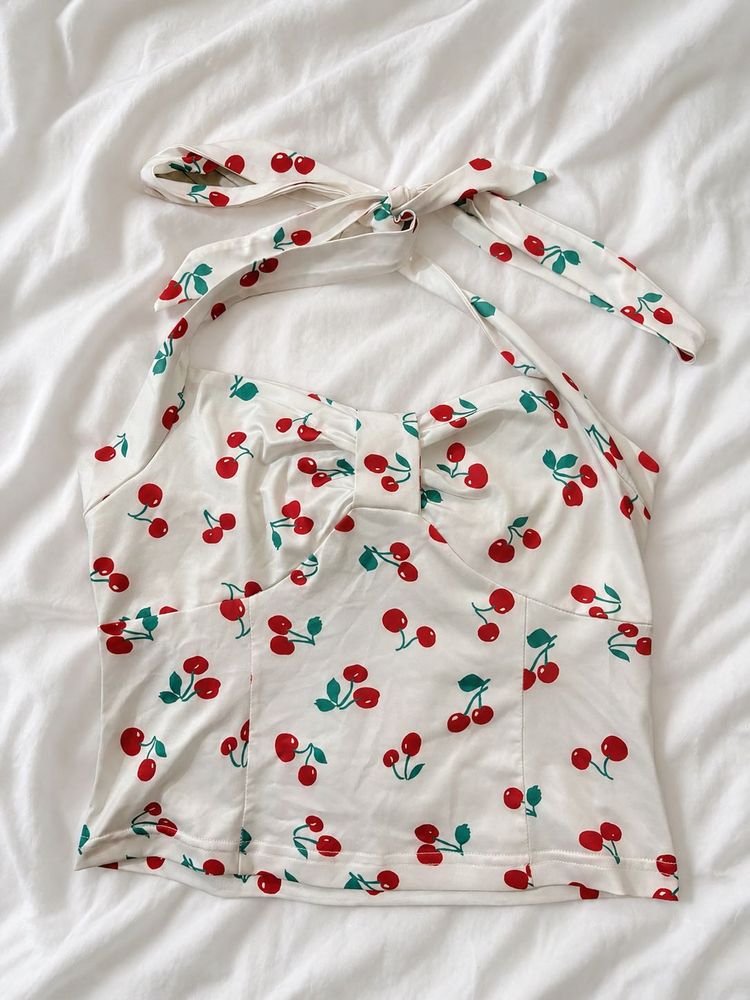 Cute Cherry Print Halter Top