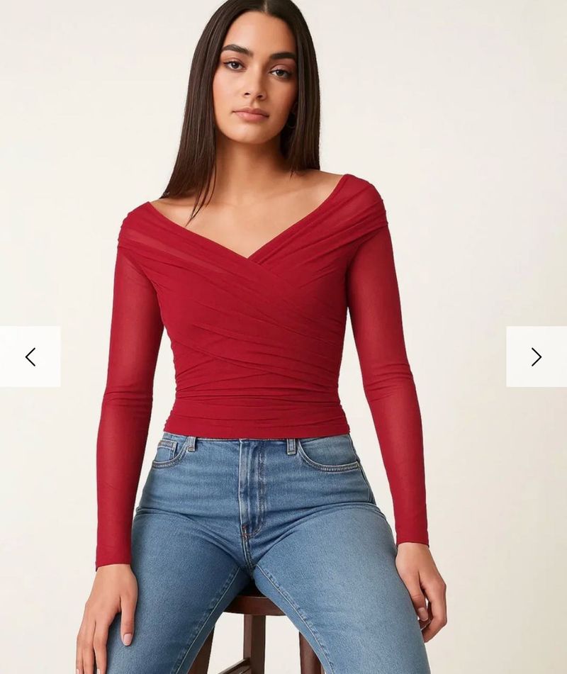 Red Sheer Ruched Long Sleeve Top