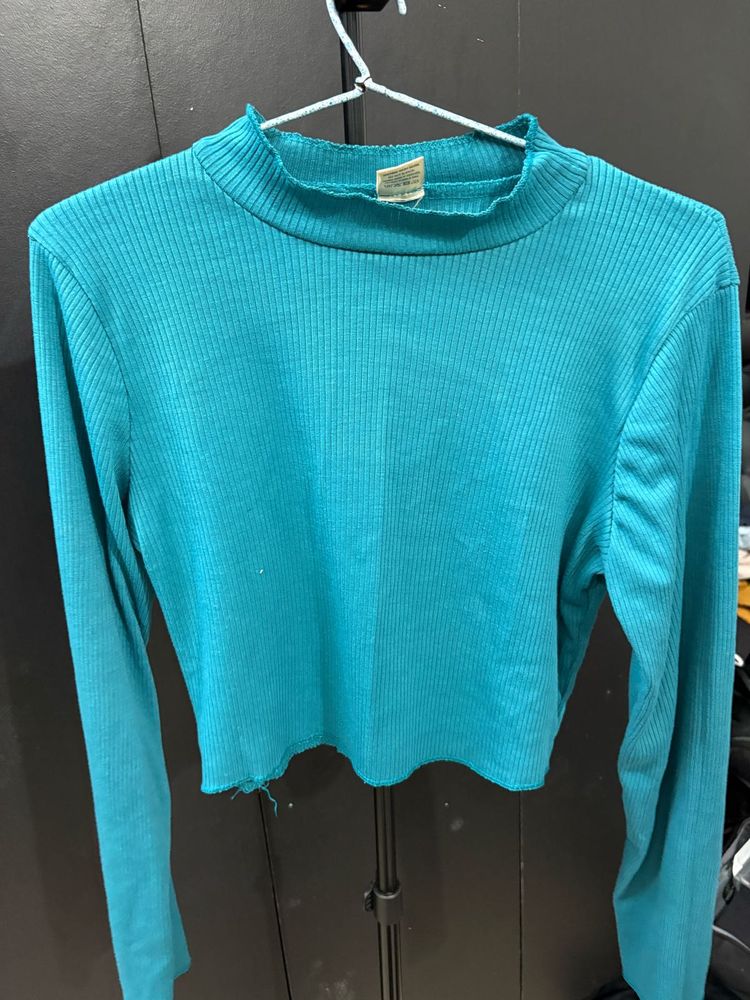 Teal Ribbed Mock Neck Cropped Top