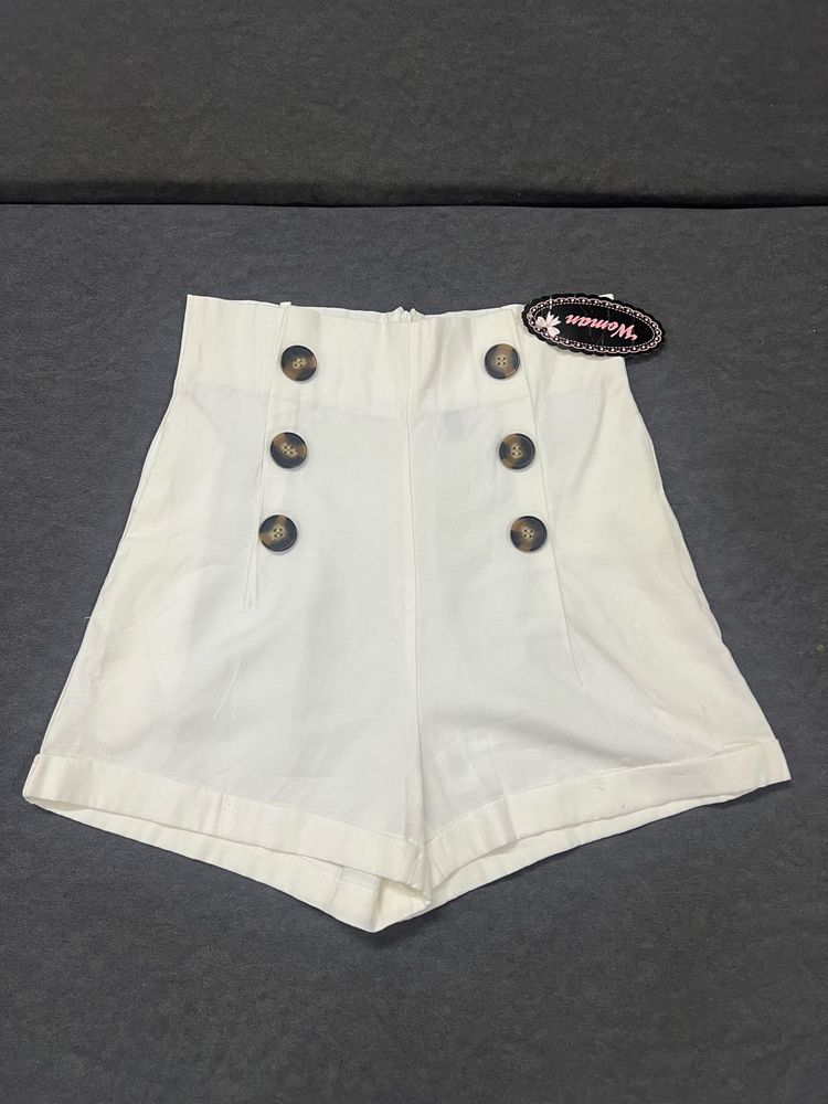 White High-Waisted Button Detail Shorts