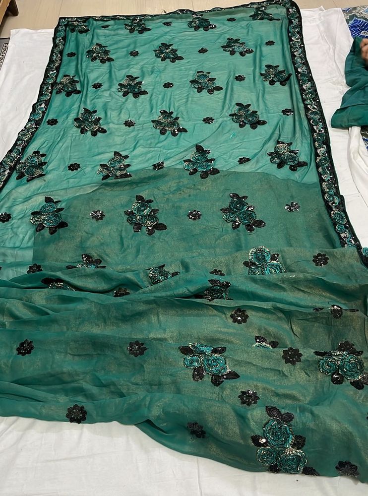 Emerald Green And Black Floral Saree