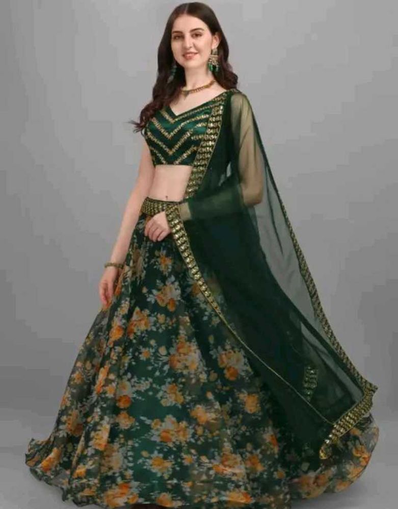 Elegant Floral Print Green Lehenga Set