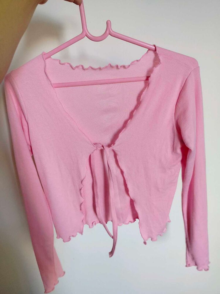 Cute Pink Tie-Front Ribbed Top