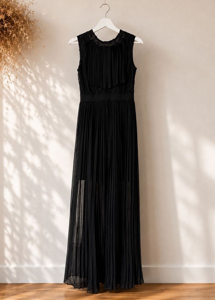 Elegant Black Pleated Maxi Dress by Madame
