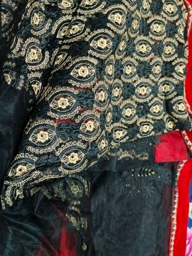 Black And Red Netted And Lace Saree