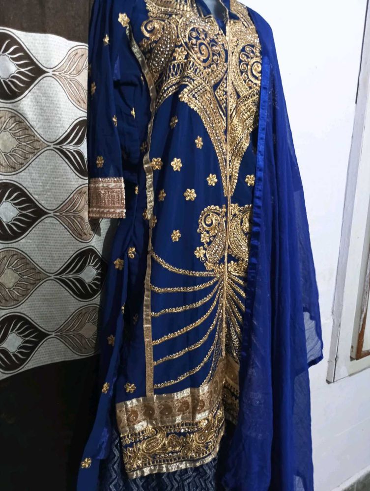 Stunning Blue Kurta Set with Gold Embroidery