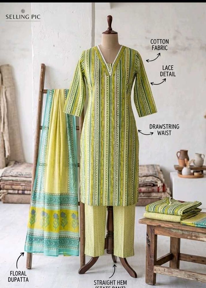 new   Green  Cotton Kurta Set with Dup