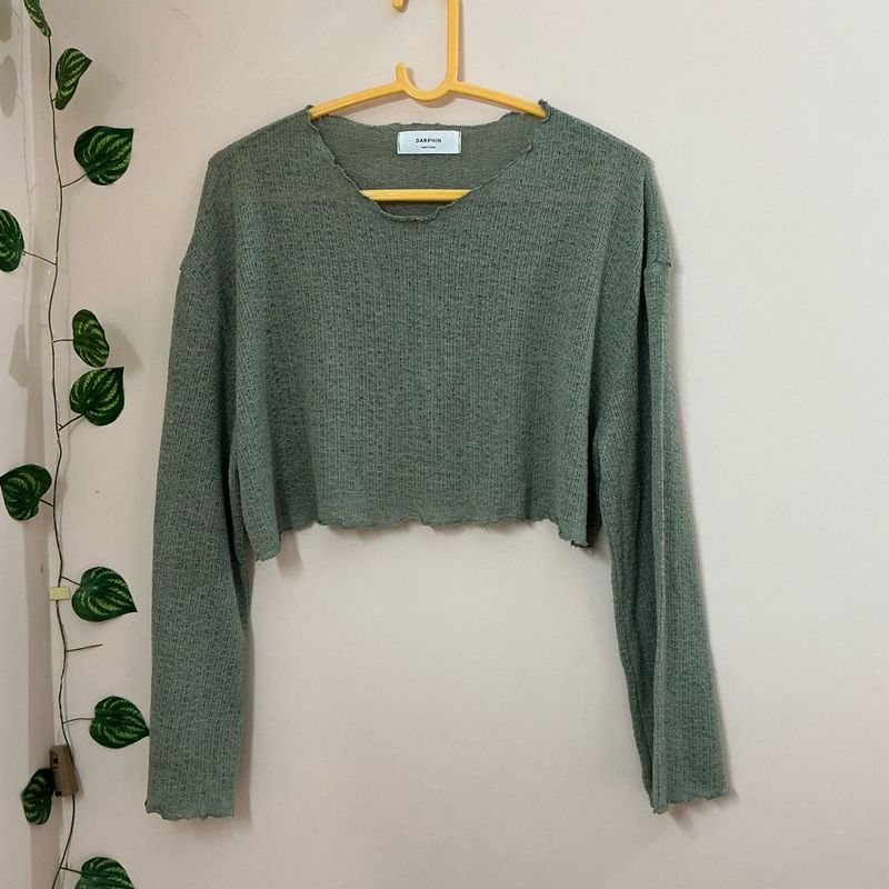 Green Cropped Long Sleeve Top