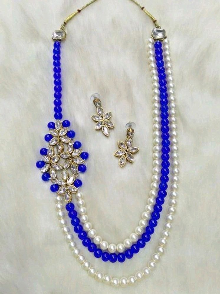 Blue &amp; White Beaded Necklace with Earrings