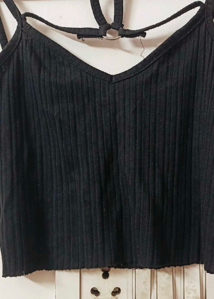 Ribbed V neck Black Crop Top
