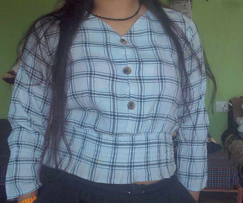 Checked Button-Up Cropped Top