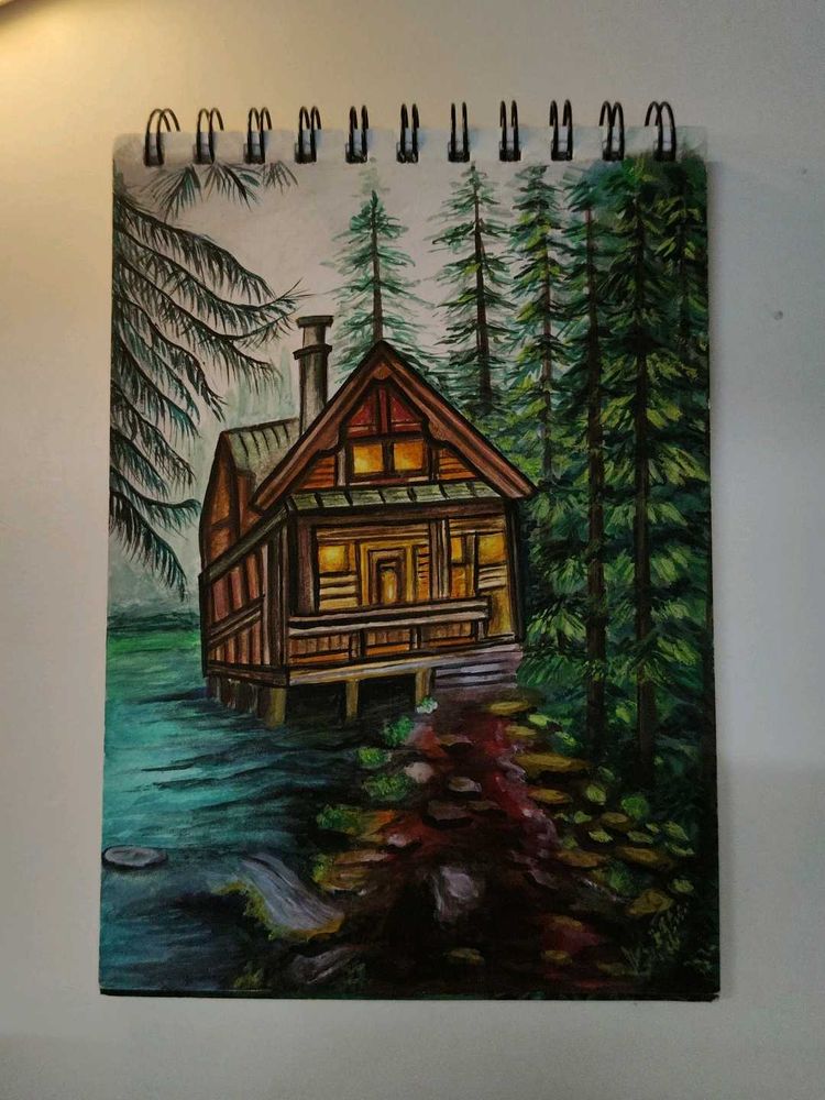 Serene Lakeside Cabin Painting