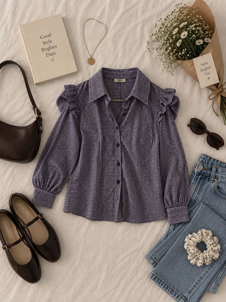 Plaid Button-Up Top with Ruffled Sleeves
