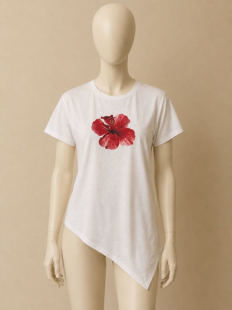 White T-Shirt with Red Hibiscus Print