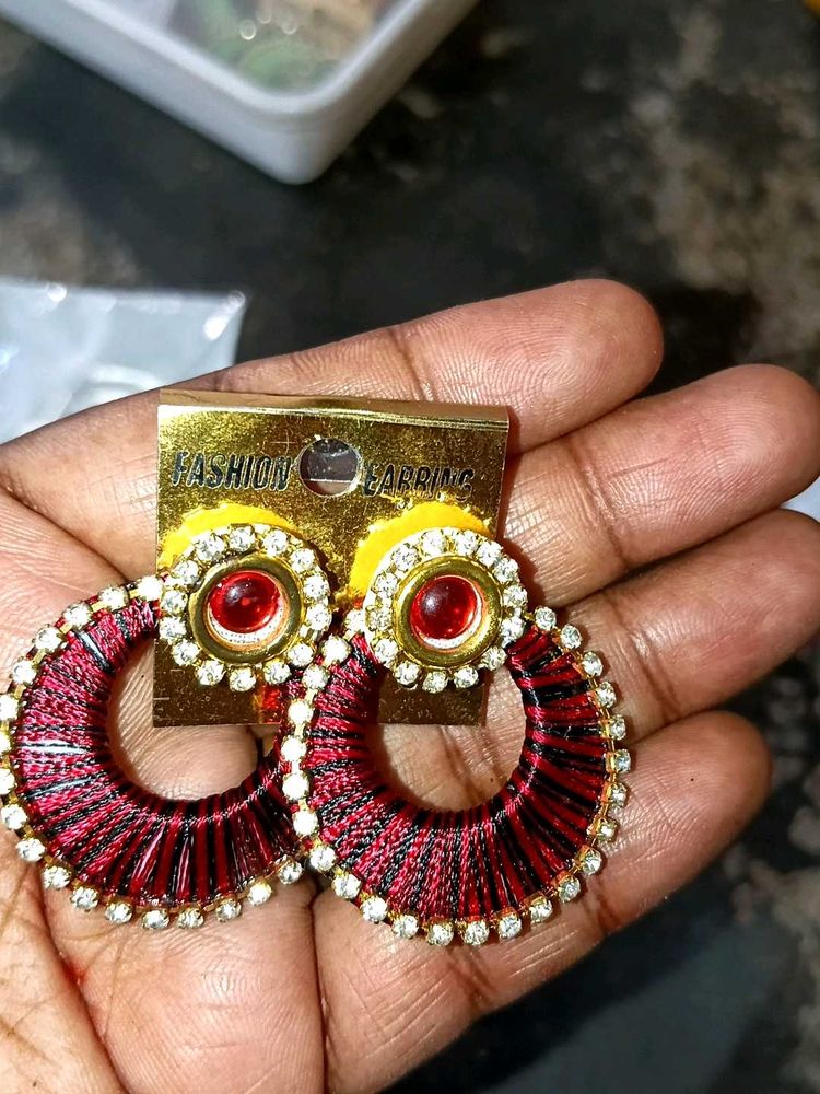 Stylish Red Thread Hoop Earrings
