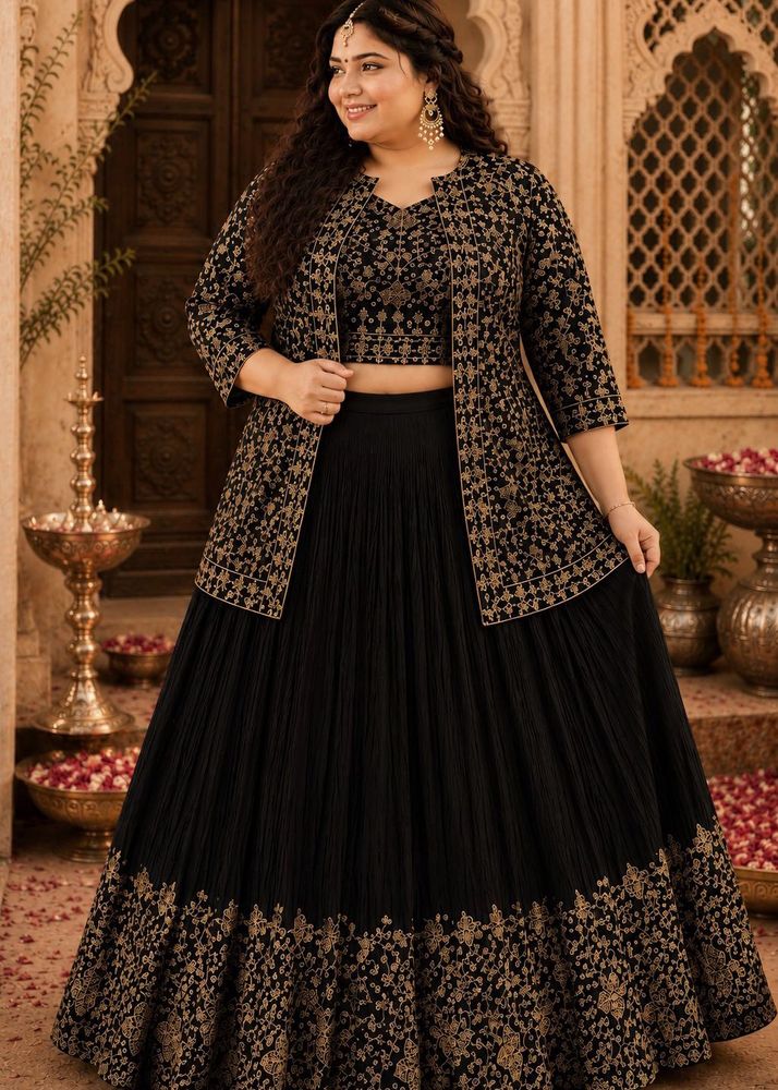Black &amp; Gold Embroidered Lehenga Set (XL)
