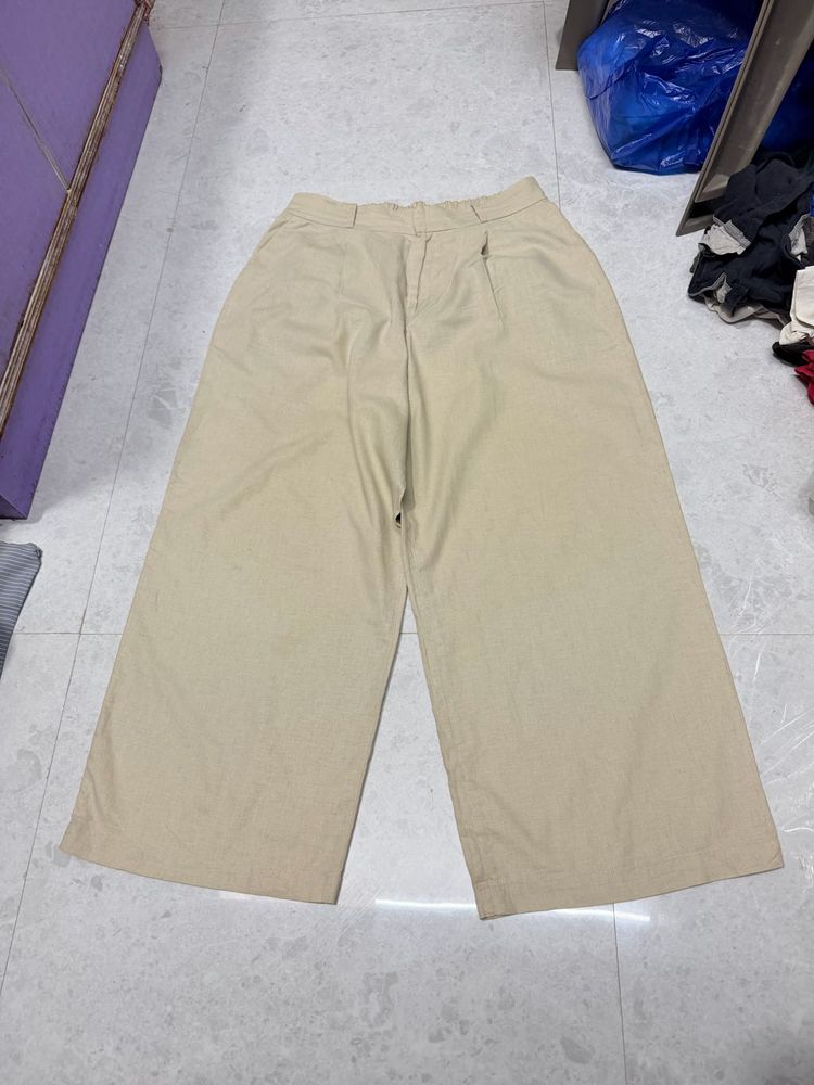Uniqlo Wide Leg Beige Linen Trousers Pant