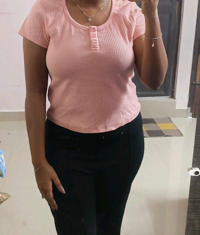 Pink Ribbed Button-Up Top