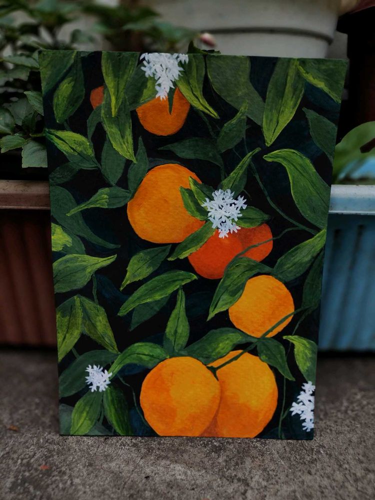 🎨 Oranges and Leaves – Hand-Painted Artwork