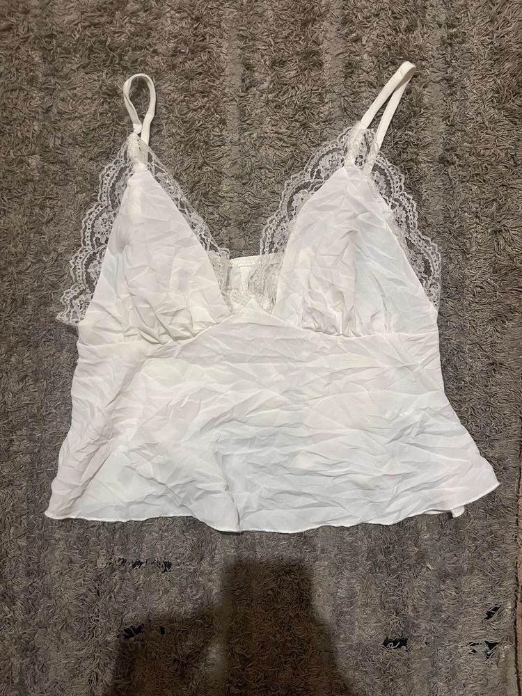 White Satin-Finish Lace-Trim Cami Top with Adjusta
