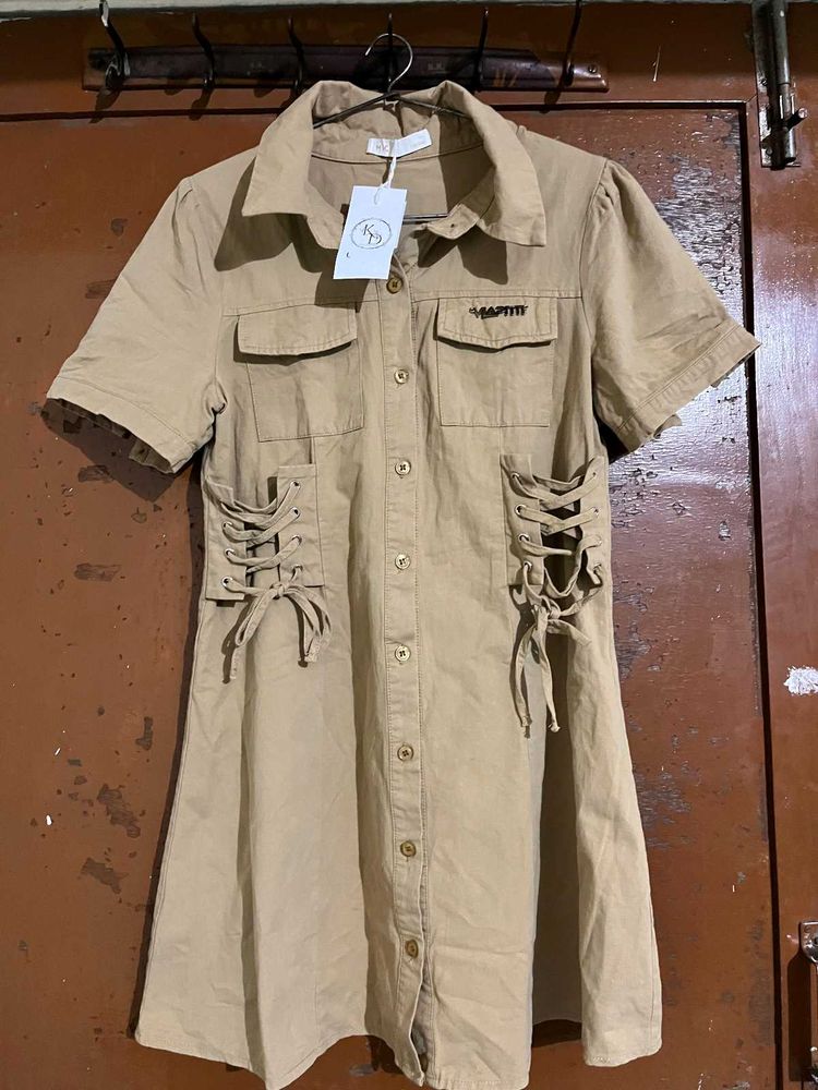 Khaki Lace-Up Detail Shirt Dress