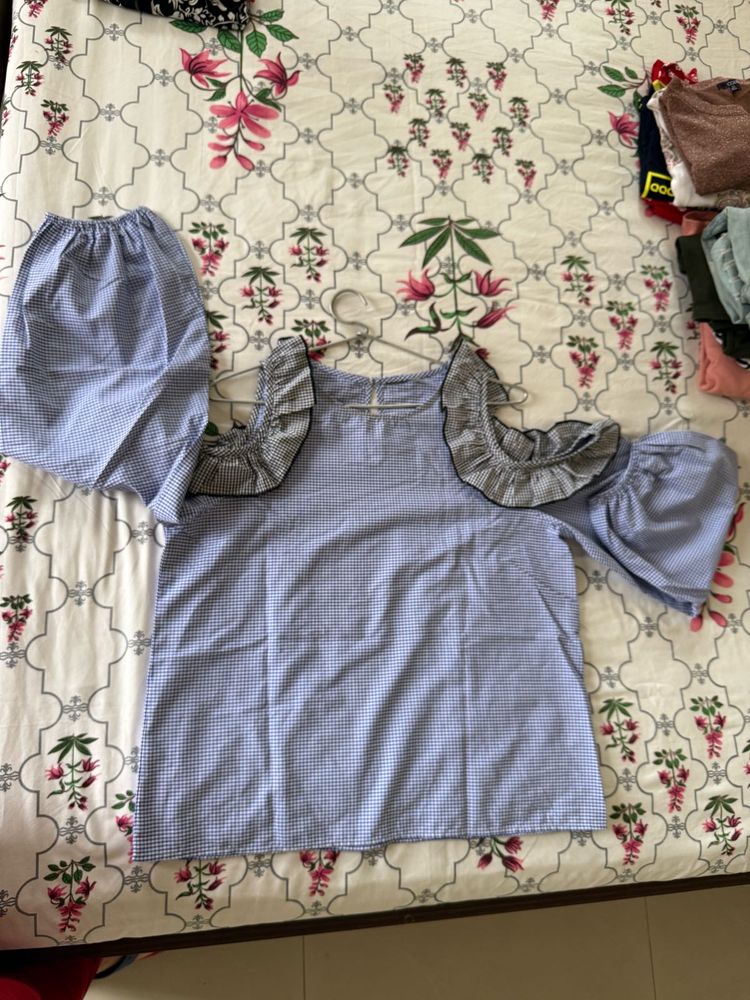 Blue Gingham Cold Shoulder Top