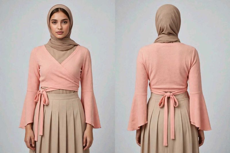Peach Wrap Blouse with Bell Sleeves