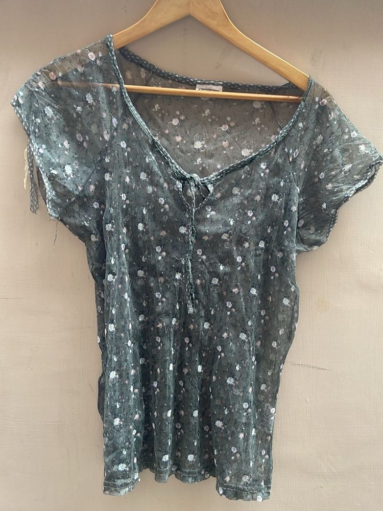 Sheer Floral Print V-Neck Top
