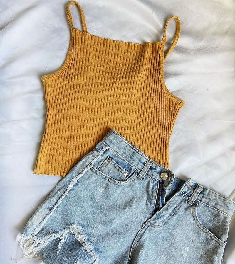 Mustard Ribbed Tank Top &amp; Denim Shorts