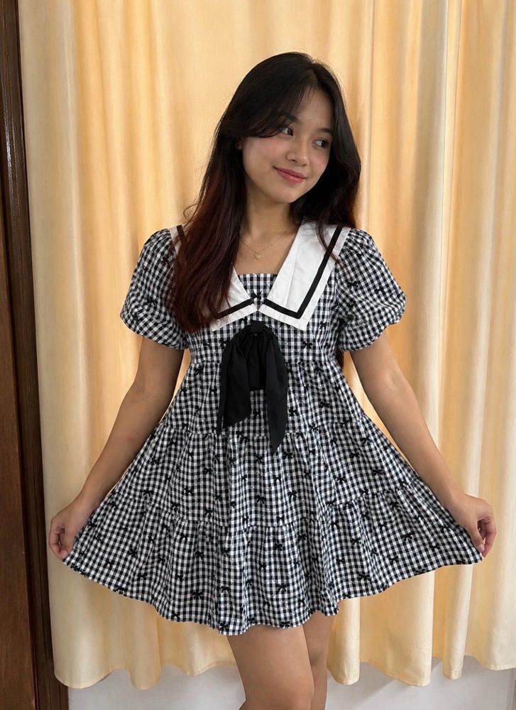 Cute Bow Gingham Dress