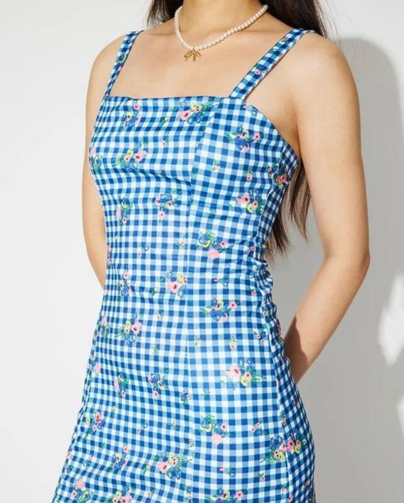 Blue Gingham Floral Mini Dress