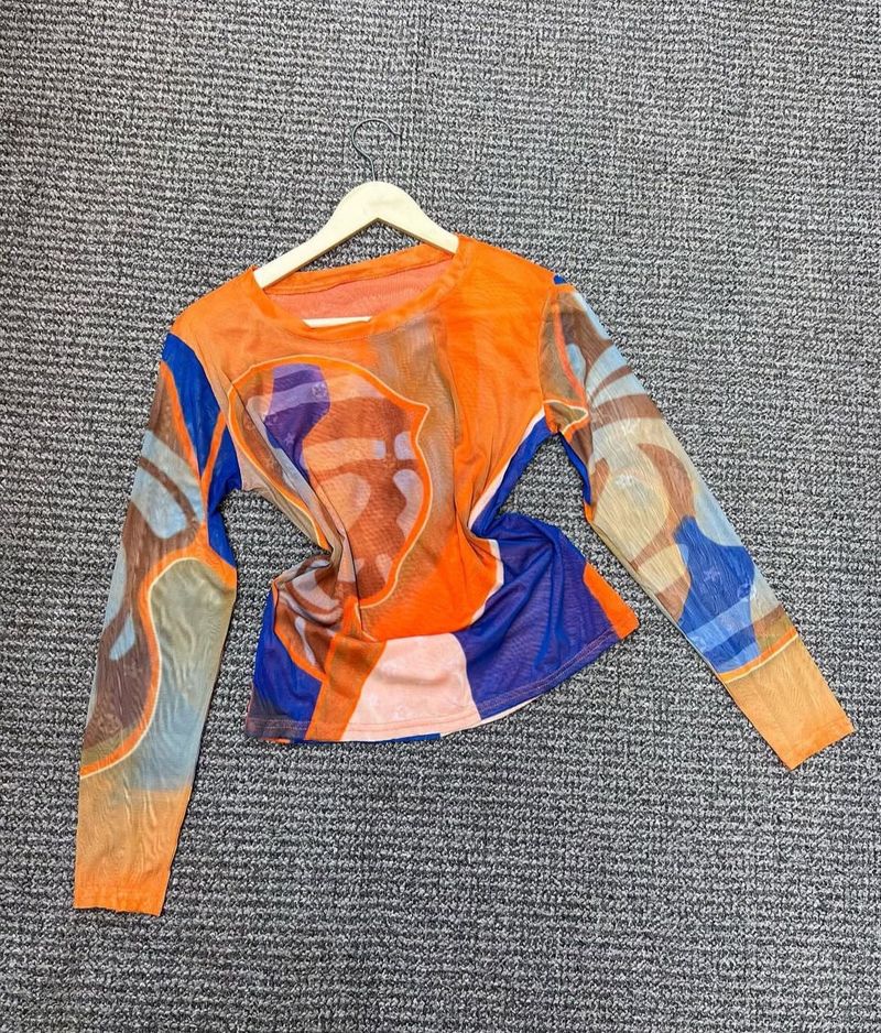 Sheer Mesh Abstract Print Long Sleeve Top