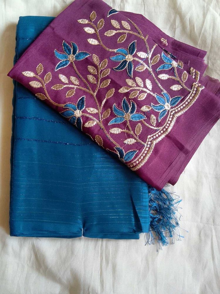 Beautiful Teal Saree with Embroidered Blouse
