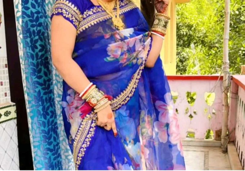 Elegant Floral &amp; Embellished Blue Saree