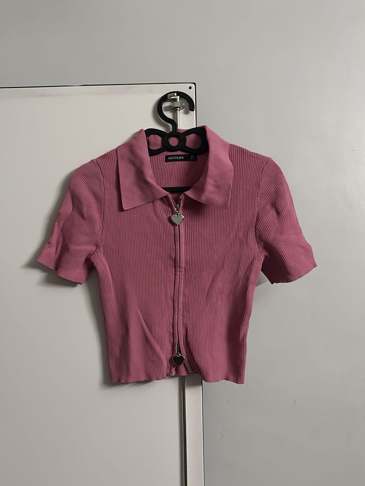 Pink Collared Zip-Up Crop Top