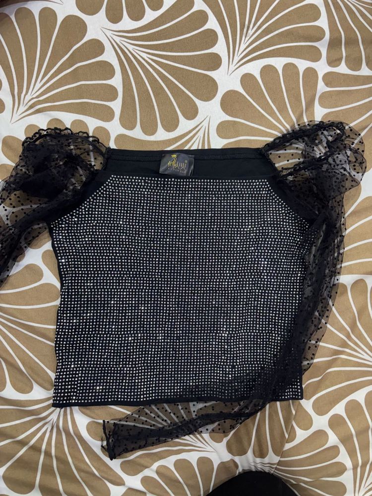 Sparkly Black Mesh Sleeve Top