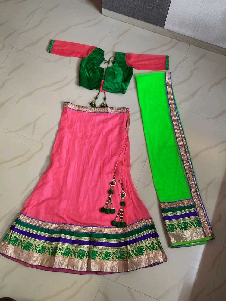 Pink Lehenga Choli Set with Green Blouse