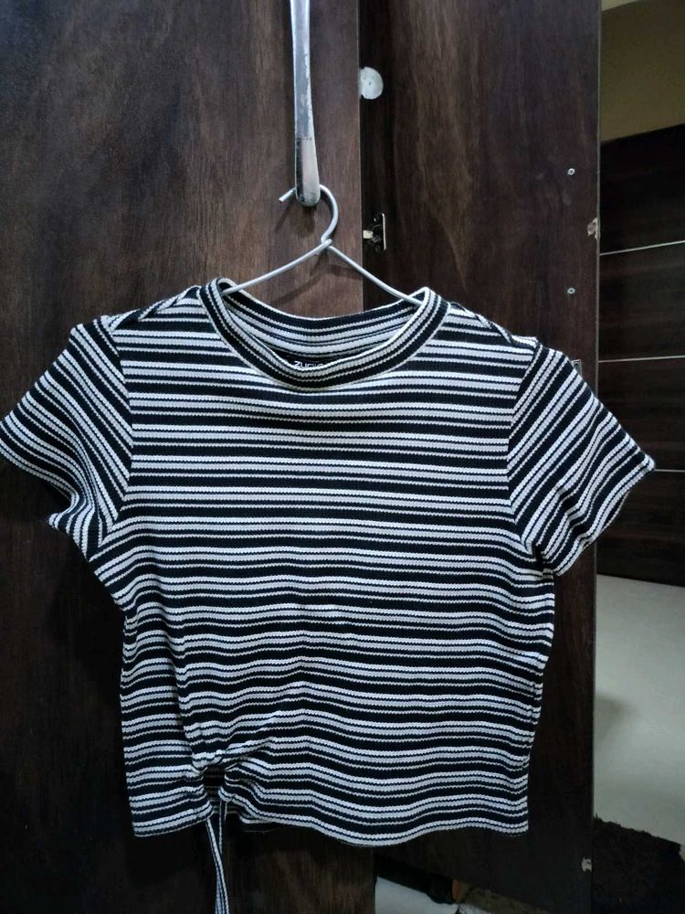 Striped Cropped Top with Drawstring