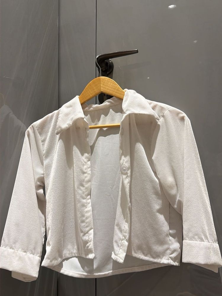 White Cropped Corduroy Shirt | 3/4 Sleeve