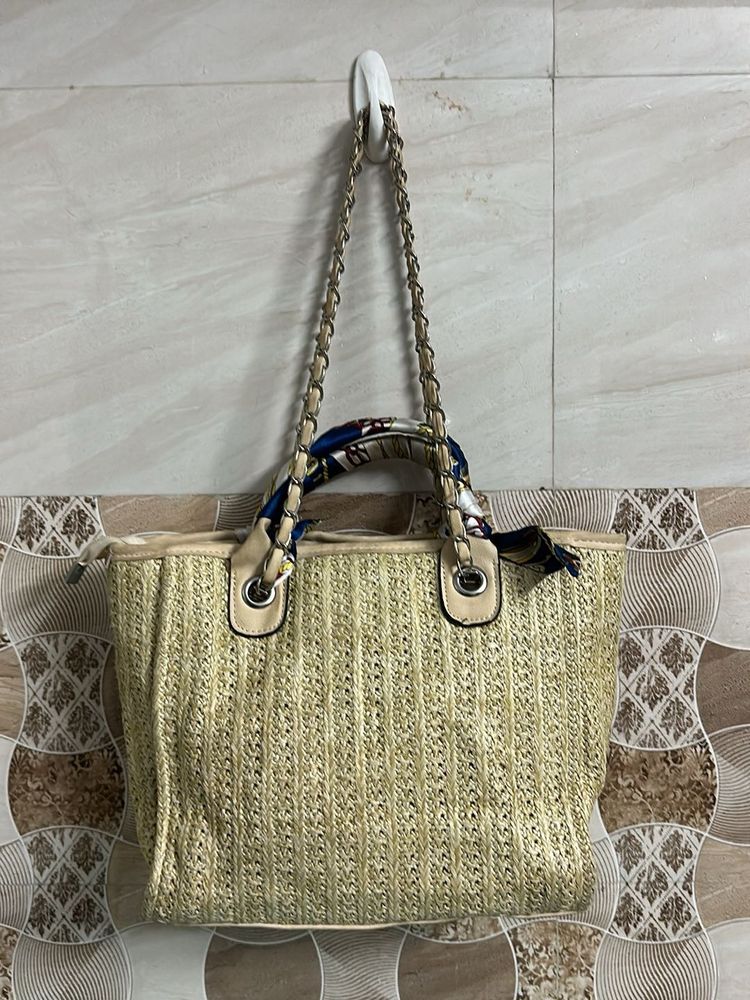 Chic Straw Tote Bag with Scarf Accent