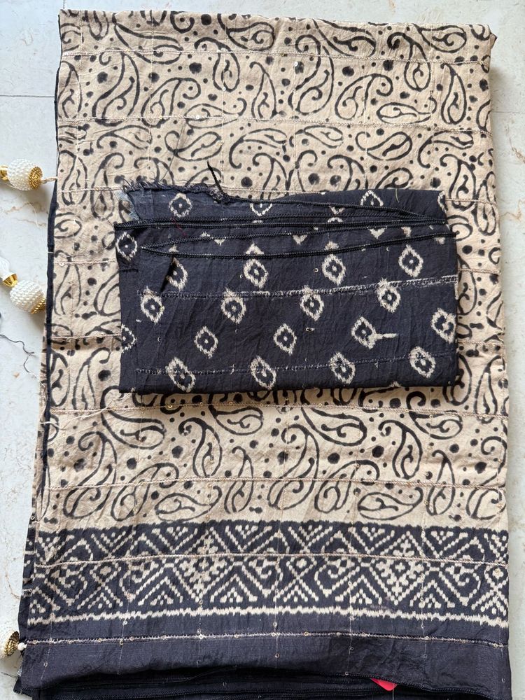 Unused Beige &amp; Black Saree