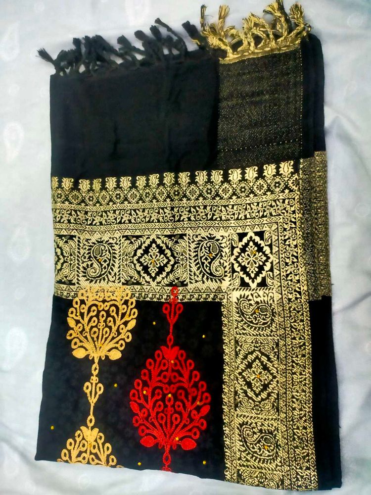 Exquisite woollen Black shawl or stall with Golden