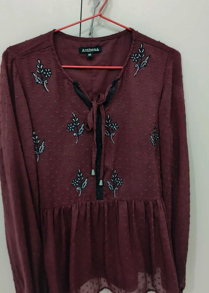 Antheaa burgundy Embroidered Swiss Dot Top - XS