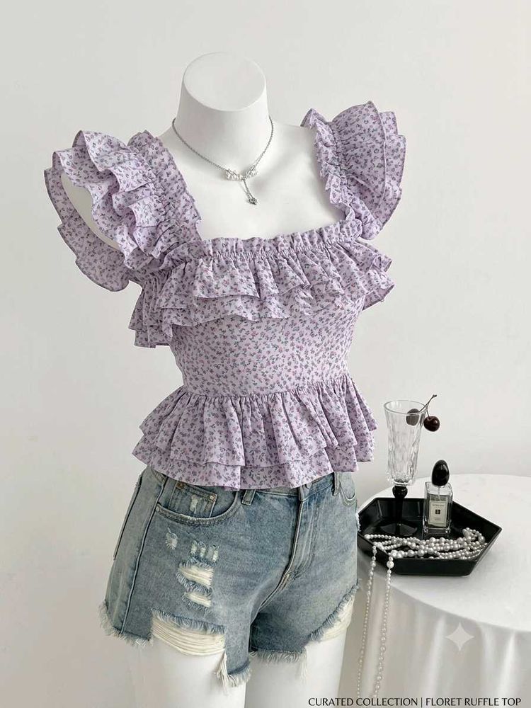 Floral Ruffle Square Neck Top