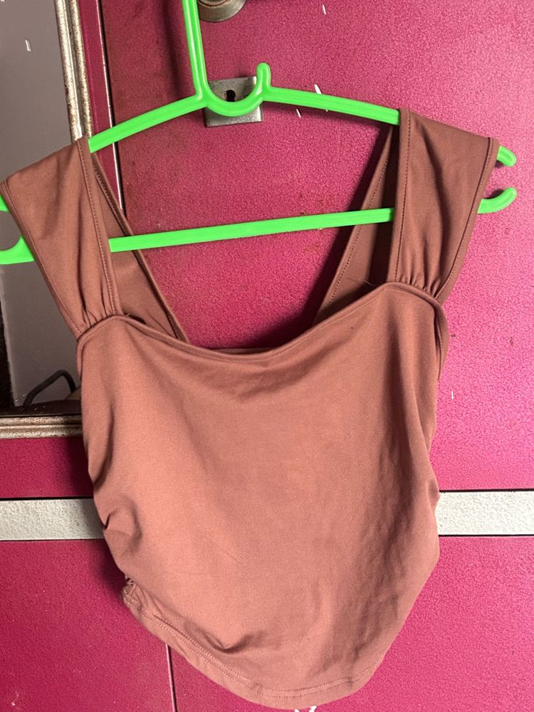 Brown Scoop Neck Cap Sleeve Top