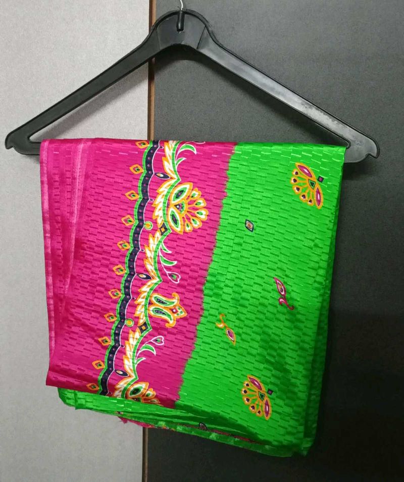 Vibrant Pink &amp; Green Printed Saree