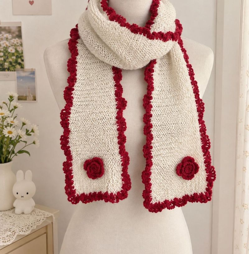 Cream Scarf with Red Trim &amp; Roses