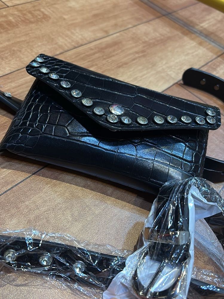 Stylish Black Croc Belt Bag with Rhinestones